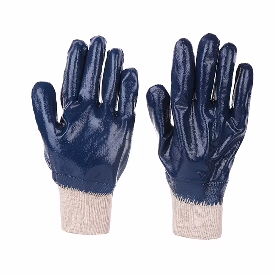 Gants de sécurité industriels en nitrile Doublure en coton Nitrile Entièrement enduit Finition lisse Manchette de sécurité Gants de travail