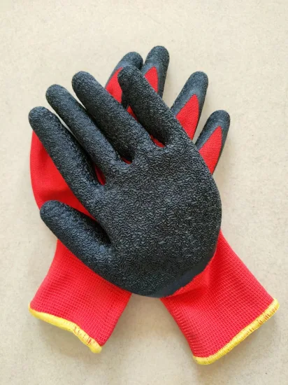 Gants de travail de sécurité industrielle enduits de latex froissé par dos tricoté par polyester rouge